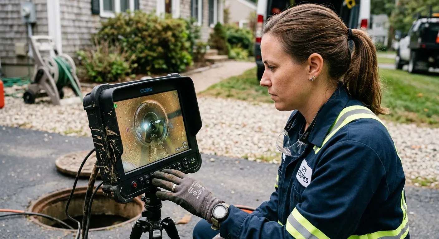 Technician reviewing sewer camera inspection footage in Calverton