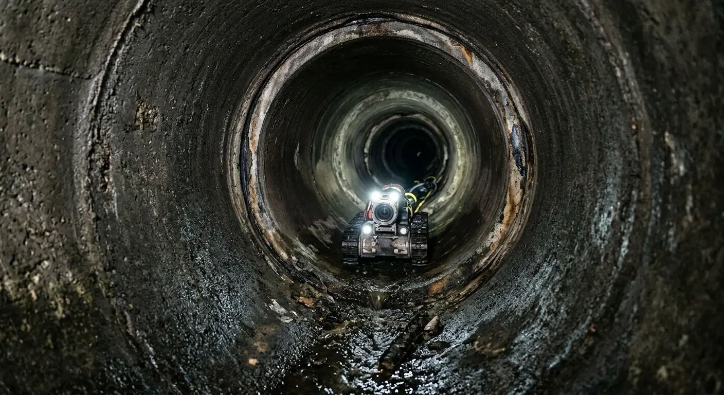 Robotic sewer camera inspecting pipe interior for Sewer Line Cleaning in Calverton