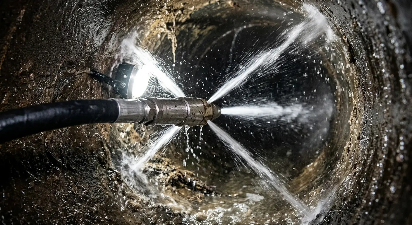 High-pressure hydro jetting nozzle cleaning sewer pipe for Emergency Drain Service in Calverton