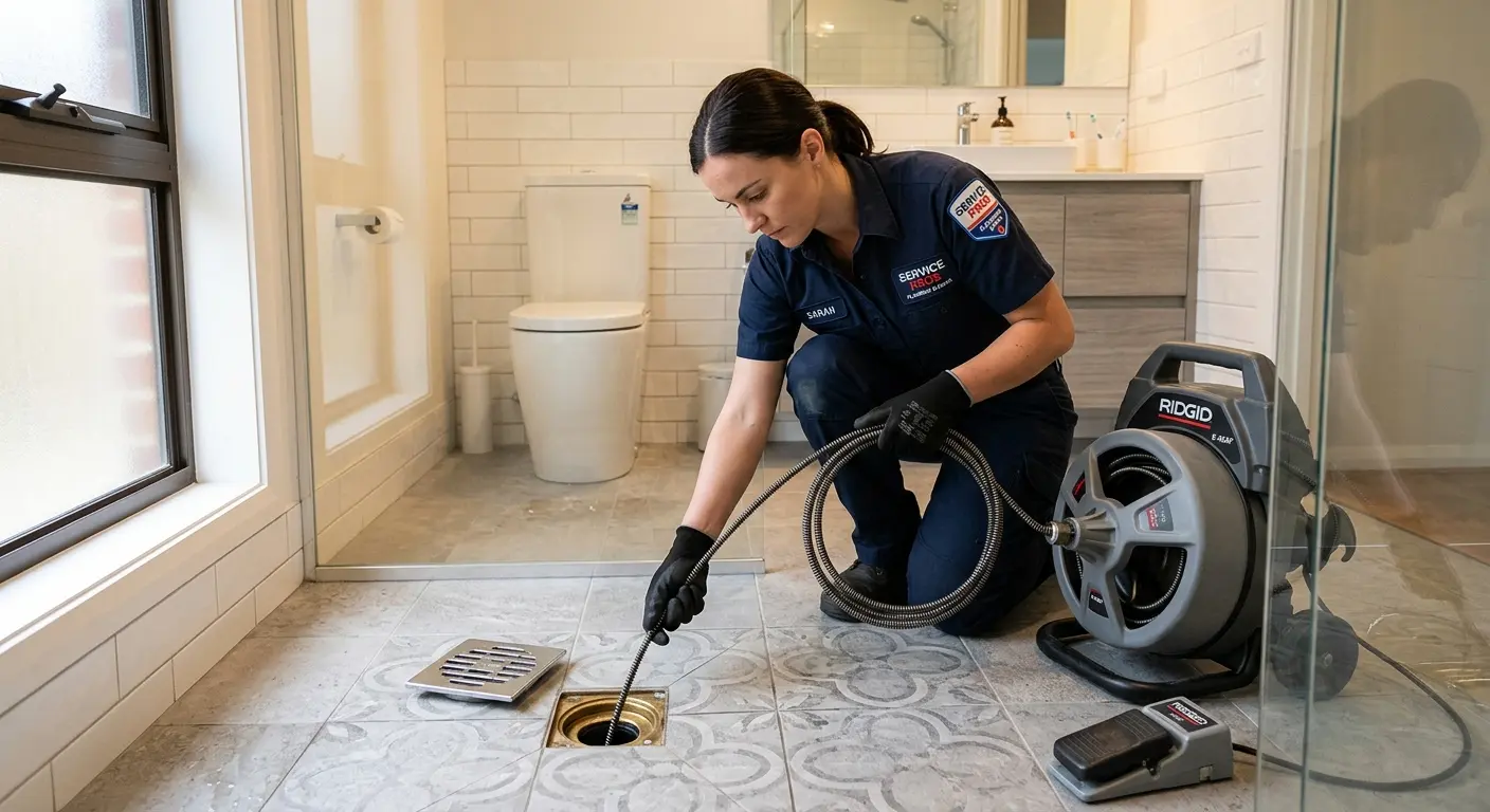 Technician clearing a bathroom floor drain for Sewer Line Replacement in Calverton